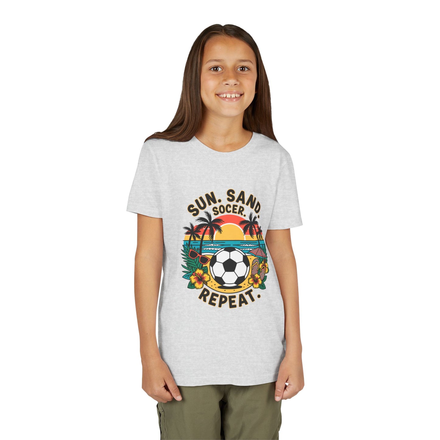 Youth Tee-Sun, Sand, Soccer, Repeat (Beach Soccer Graphic) Unisex T-Shirt by Printify