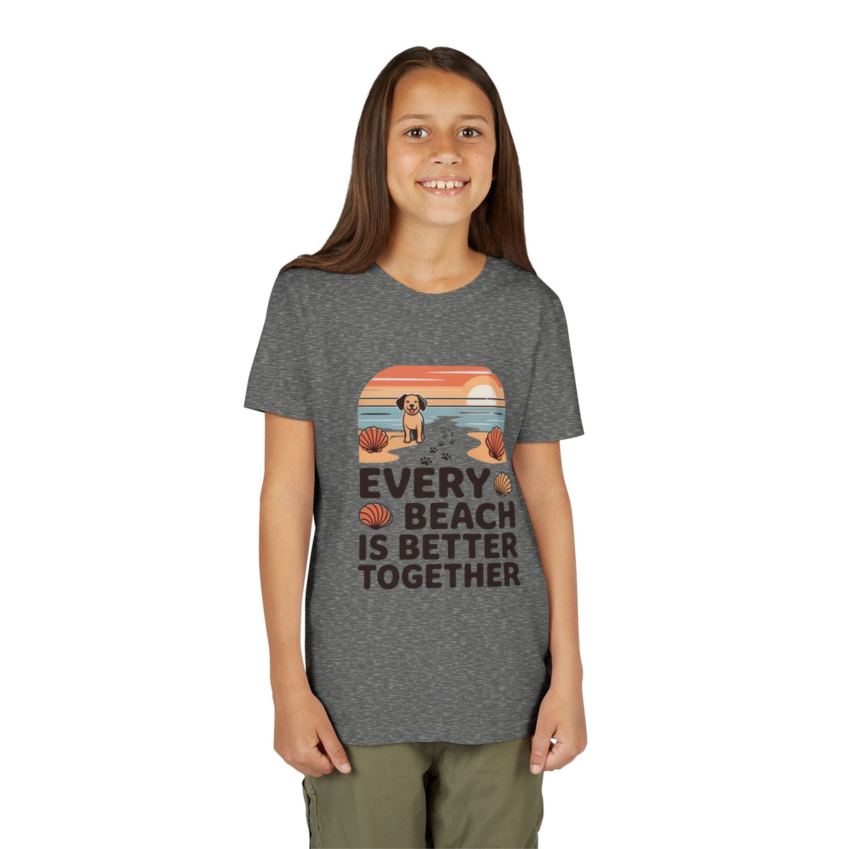 Youth Tee-“Every Beach Is Better Together” Dog Beach Graphic Unisex T-Shirt by Printify