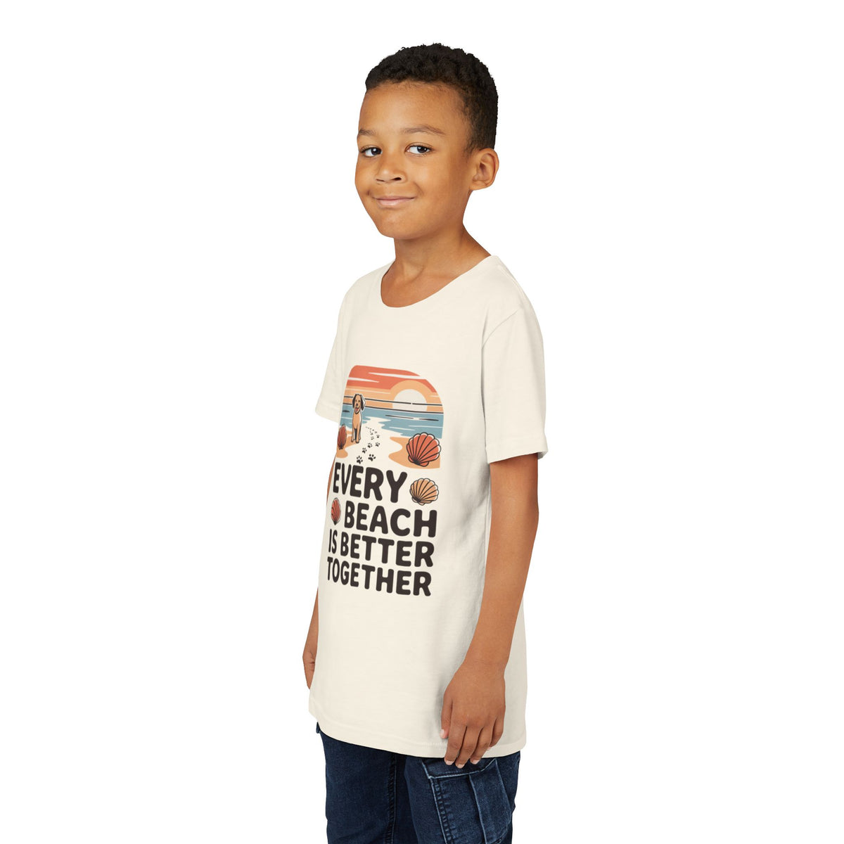 Youth Tee-“Every Beach Is Better Together” Dog Beach Graphic Unisex T-Shirt by Printify