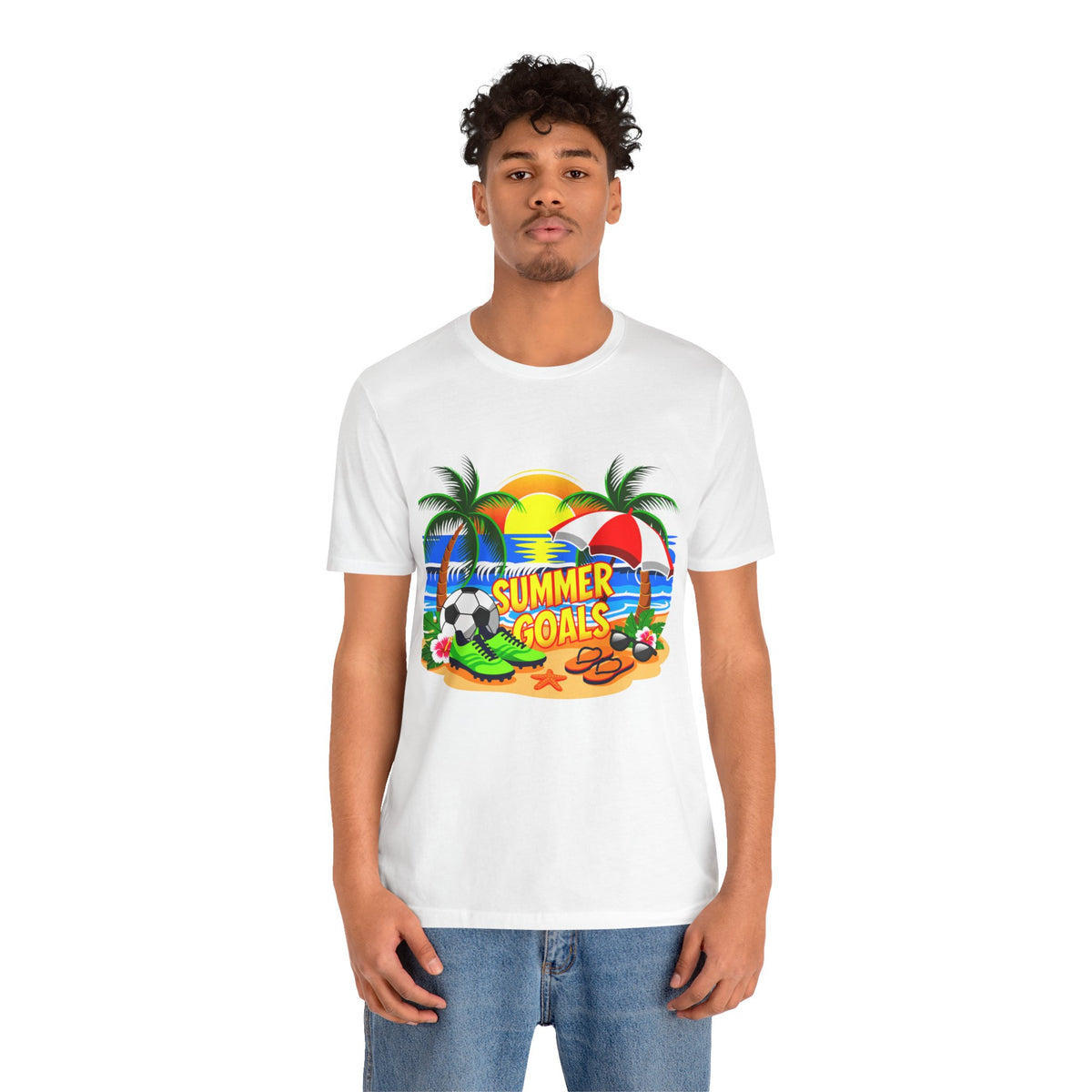Summer Goals Beach Tee-Tropical Soccer & Sunshine Graphic Unisex T-Shirt by Printify