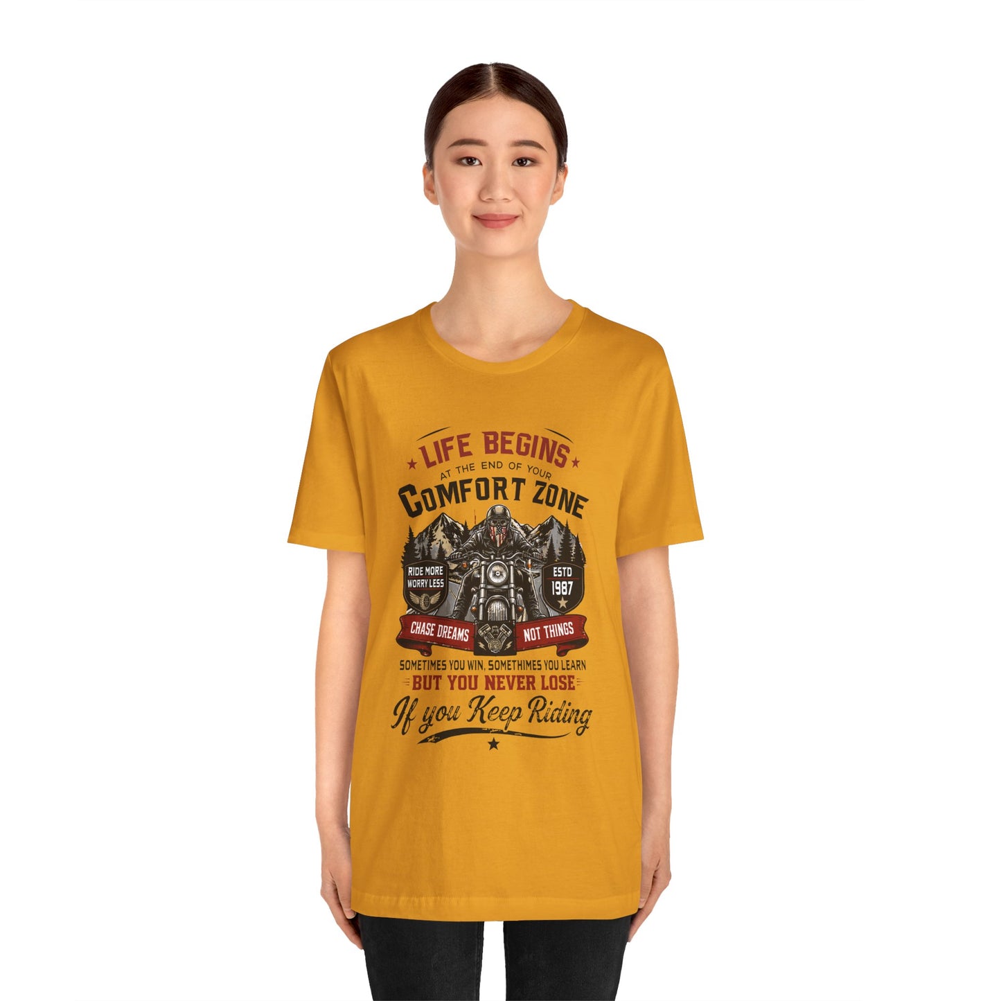 Motorcycle Rider Tee — "Life Begins at the End of Your Comfort Zone" Inspirational Biker Unisex T-Shirt by Printify