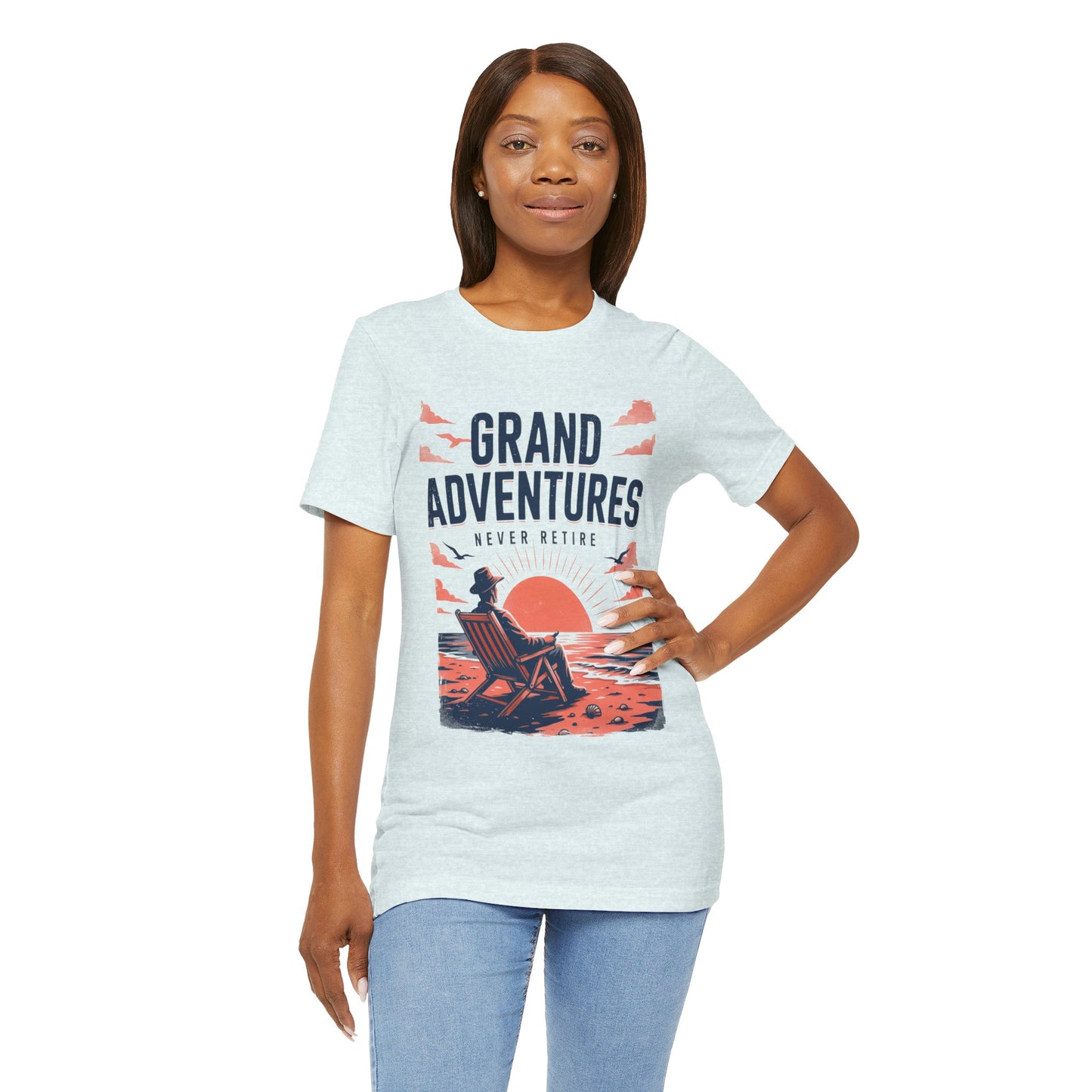 Never Retire Sunset Beach Tee-Vintage Sunset Chair & Seagulls Graphic Unisex T-Shirt by Printify