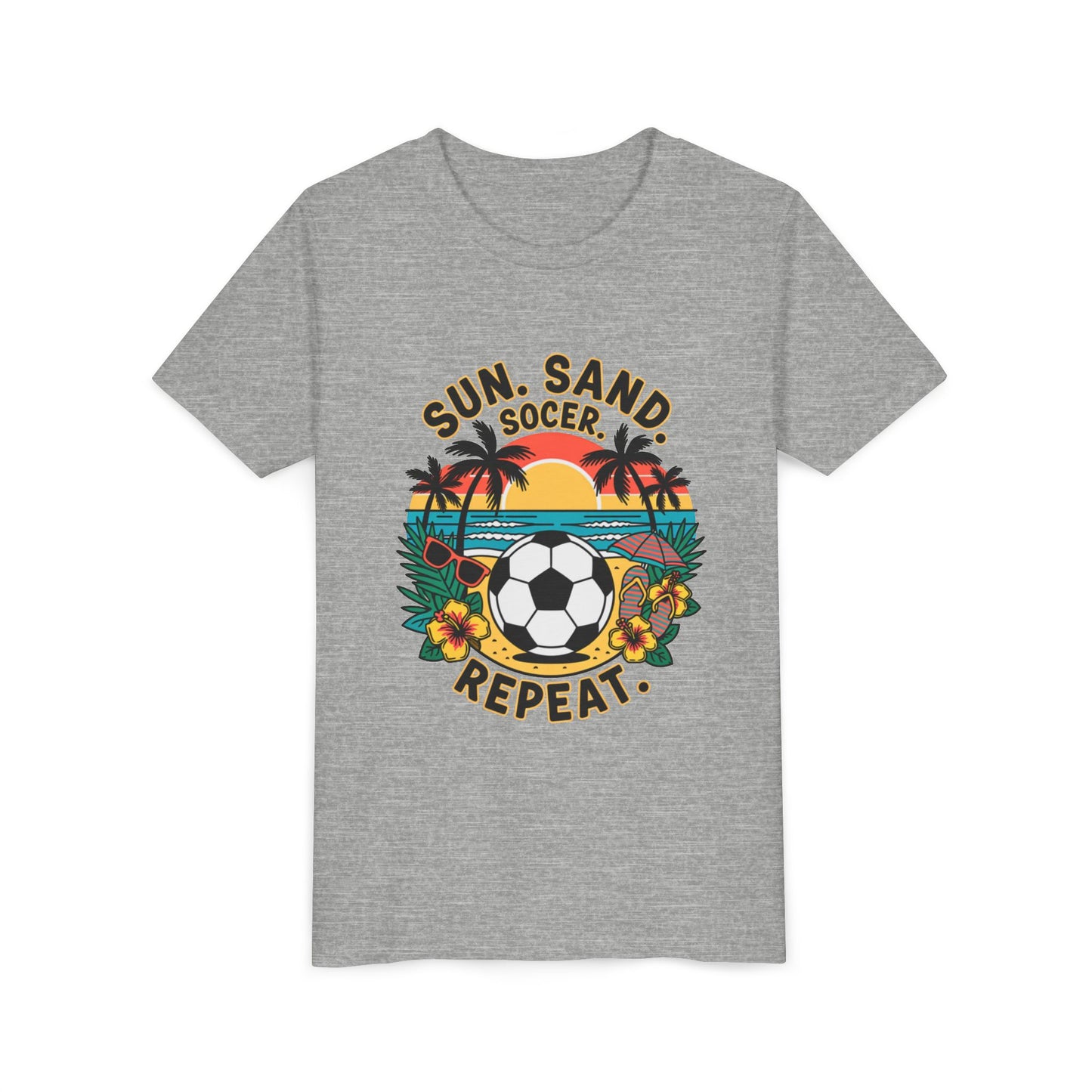 Youth Tee-Sun, Sand, Soccer, Repeat (Beach Soccer Graphic) Unisex T-Shirt by Printify