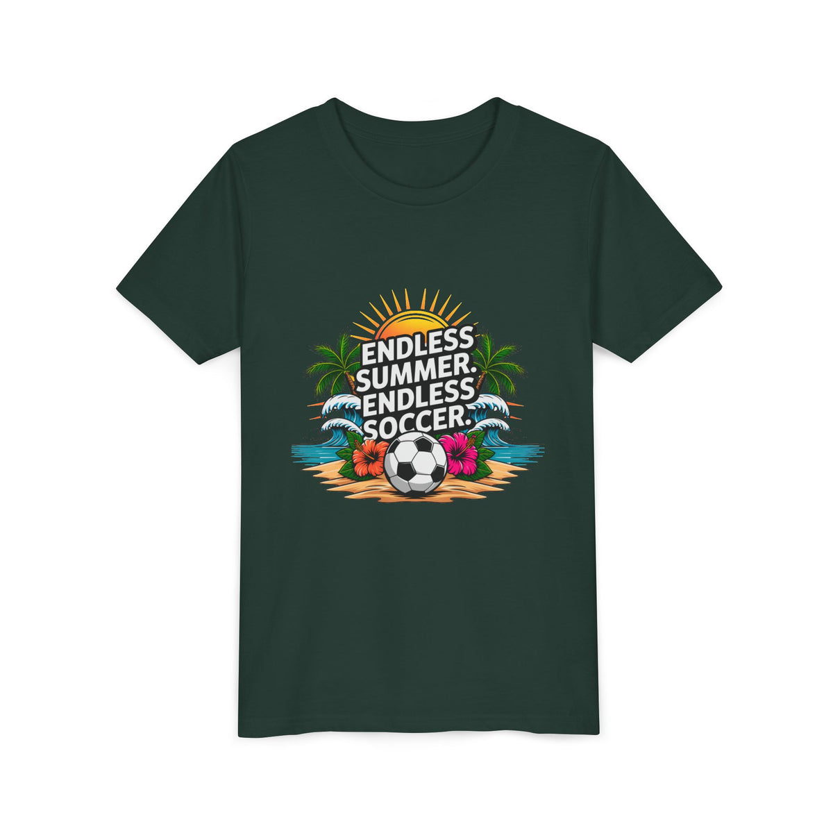 Youth Tee-"Endless Summer, Endless Soccer" Tropical Soccer Graphic Unisex T-Shirt by Printify