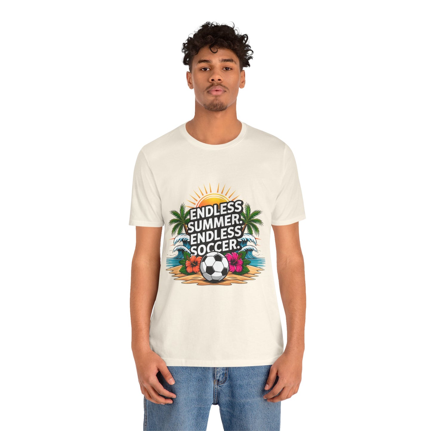 Endless Summer, Endless Soccer T-Shirt-Tropical Beach Soccer Unisex T-Shirt by Printify