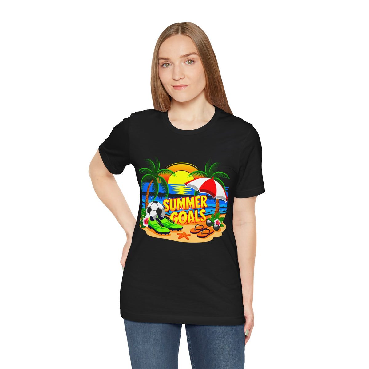 Summer Goals Beach Tee-Tropical Soccer & Sunshine Graphic Unisex T-Shirt by Printify
