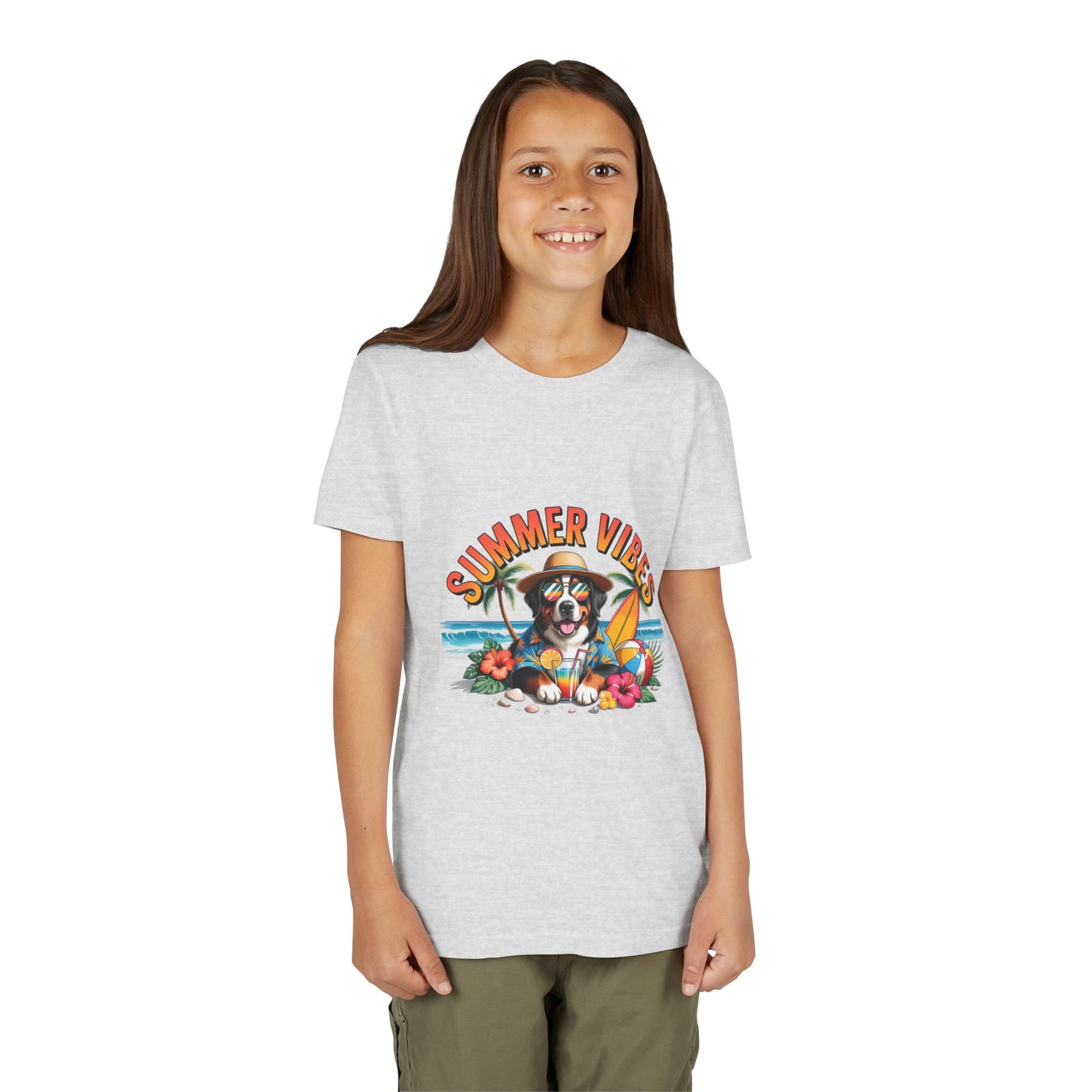 Youth Tee-"Summer Vibes" Dog Surfing Design Unisex T-Shirt by Printify