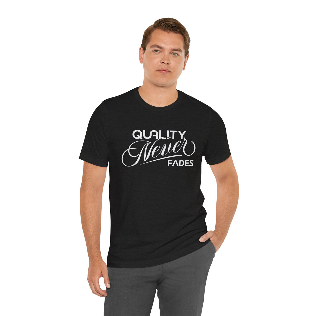 Quality Never Fades Vintage Script Tee - Premium Typographic Streetwear Unisex T-Shirt by Printify