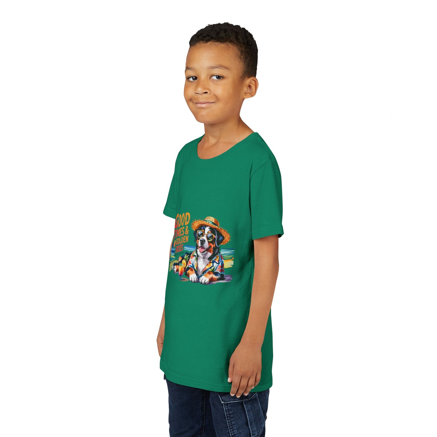 Youth Tee-'Good Times & Golden Skies' Beach Dog Graphic Unisex T-Shirt by Printify