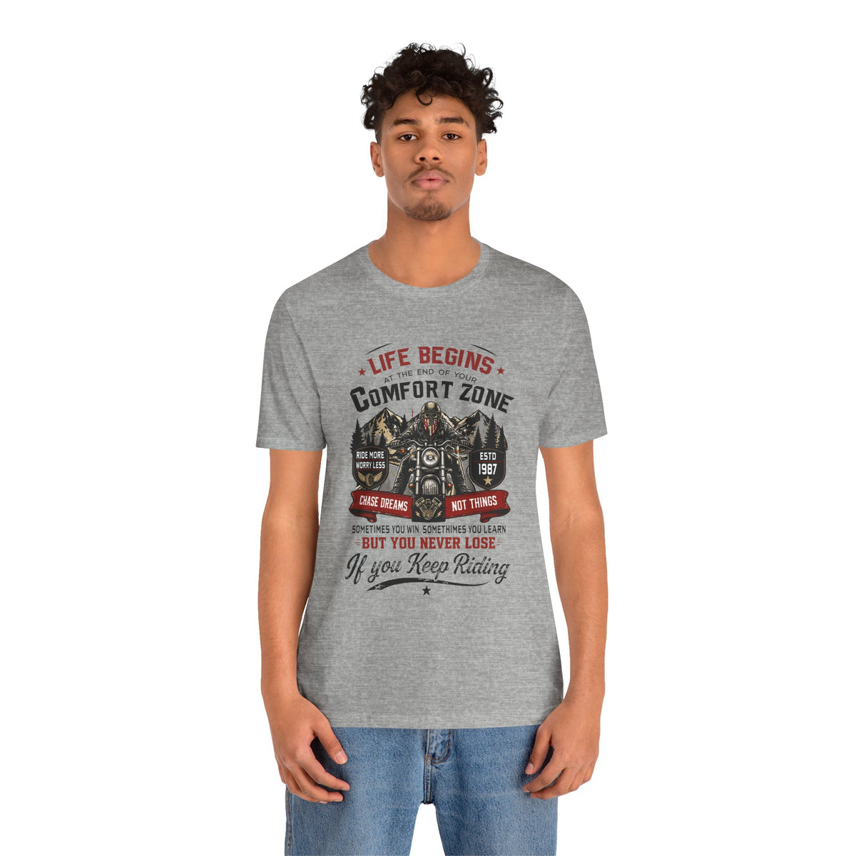 Motorcycle Rider Tee — "Life Begins at the End of Your Comfort Zone" Inspirational Biker Unisex T-Shirt by Printify