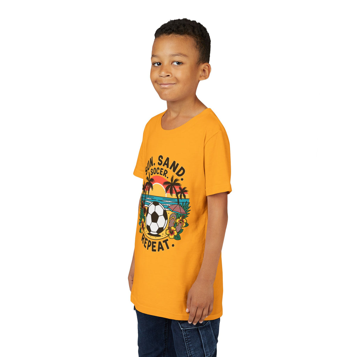 Youth Tee-Sun, Sand, Soccer, Repeat (Beach Soccer Graphic) Unisex T-Shirt by Printify