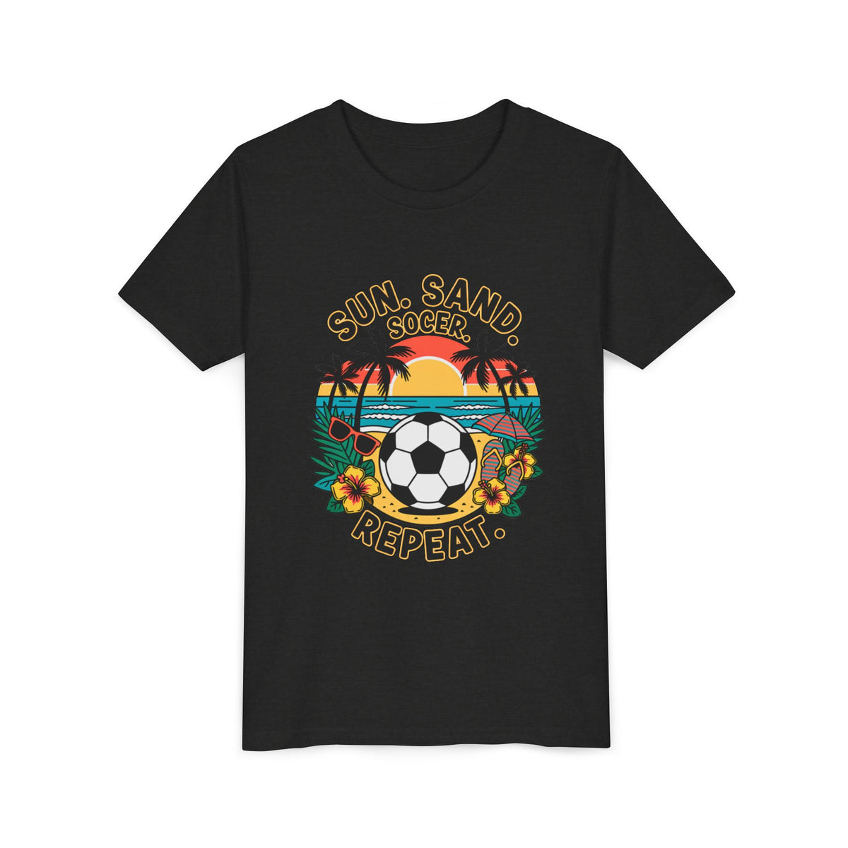 Youth Tee-Sun, Sand, Soccer, Repeat (Beach Soccer Graphic) Unisex T-Shirt by Printify