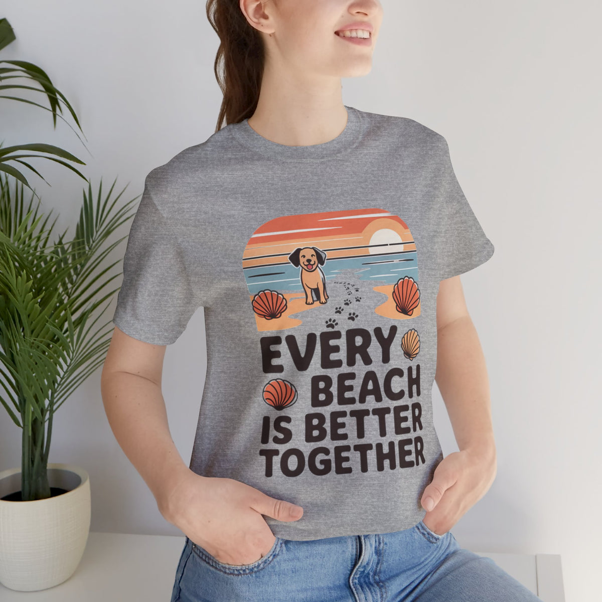 Every Beach Is Better Together T-Shirt-Cute Dog Beach Sunset Unisex Tee by Printify