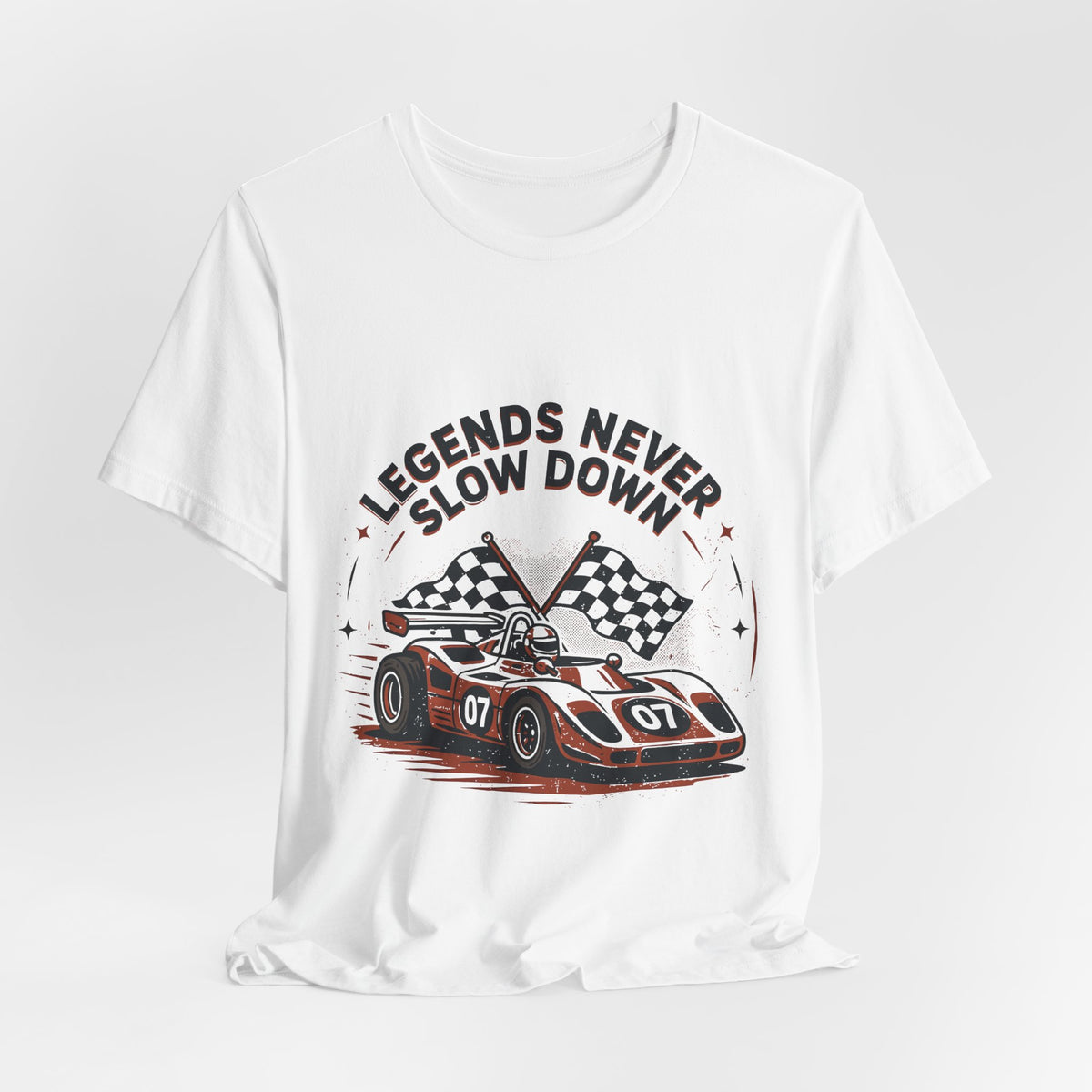 Legends Never Slow Down Racing Tee — Vintage Race Car Graphic Unisex T-Shirt by Printify