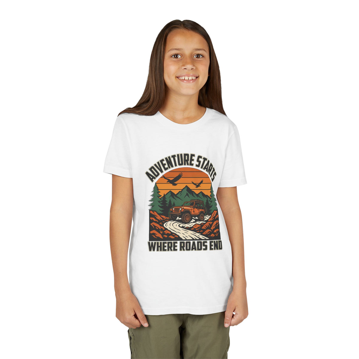 Youth Tee - Adventure Starts Where Roads End Off-Road Jeep Graphic Unisex T-Shirt by Printify