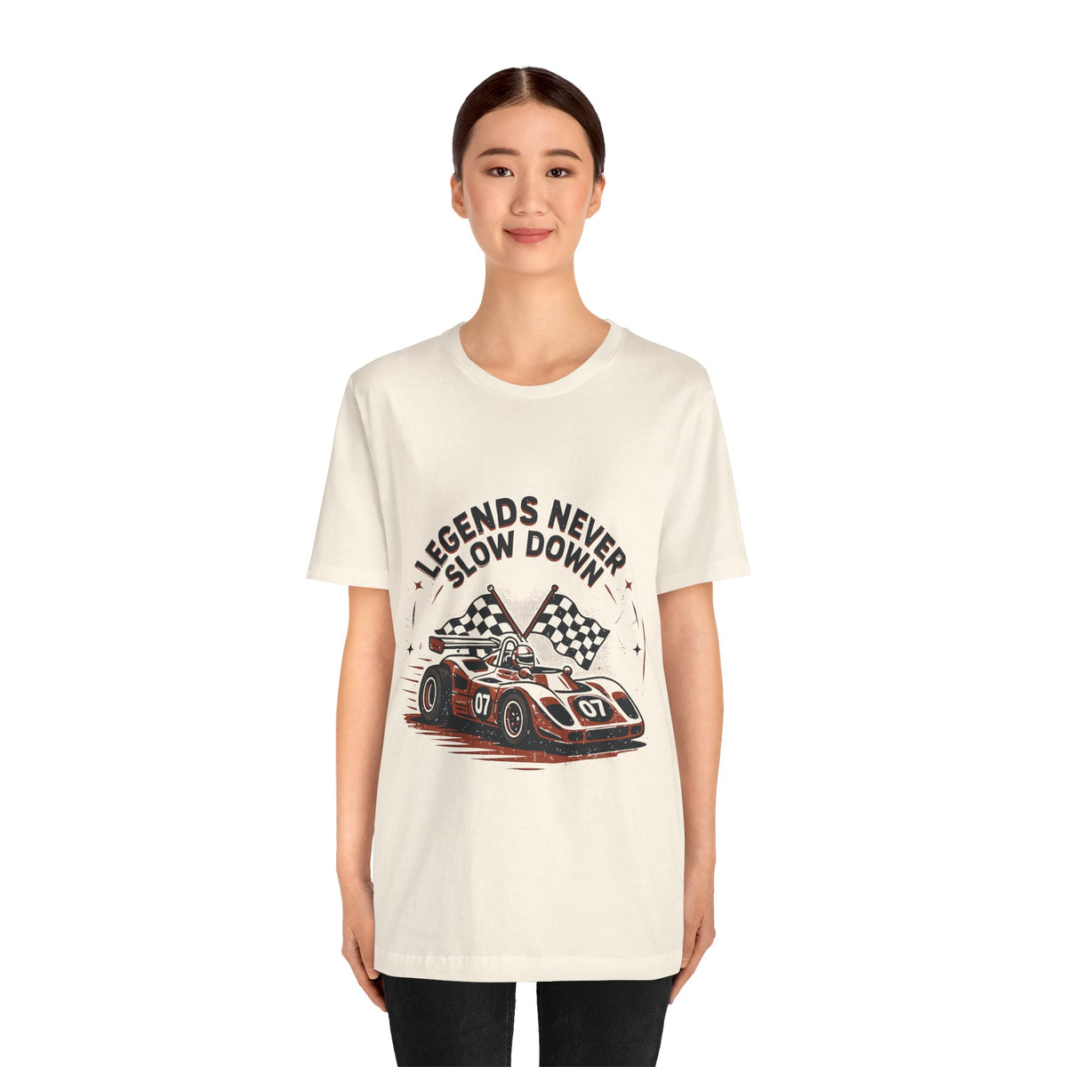 Legends Never Slow Down Racing Tee — Vintage Race Car Graphic Unisex T-Shirt by Printify