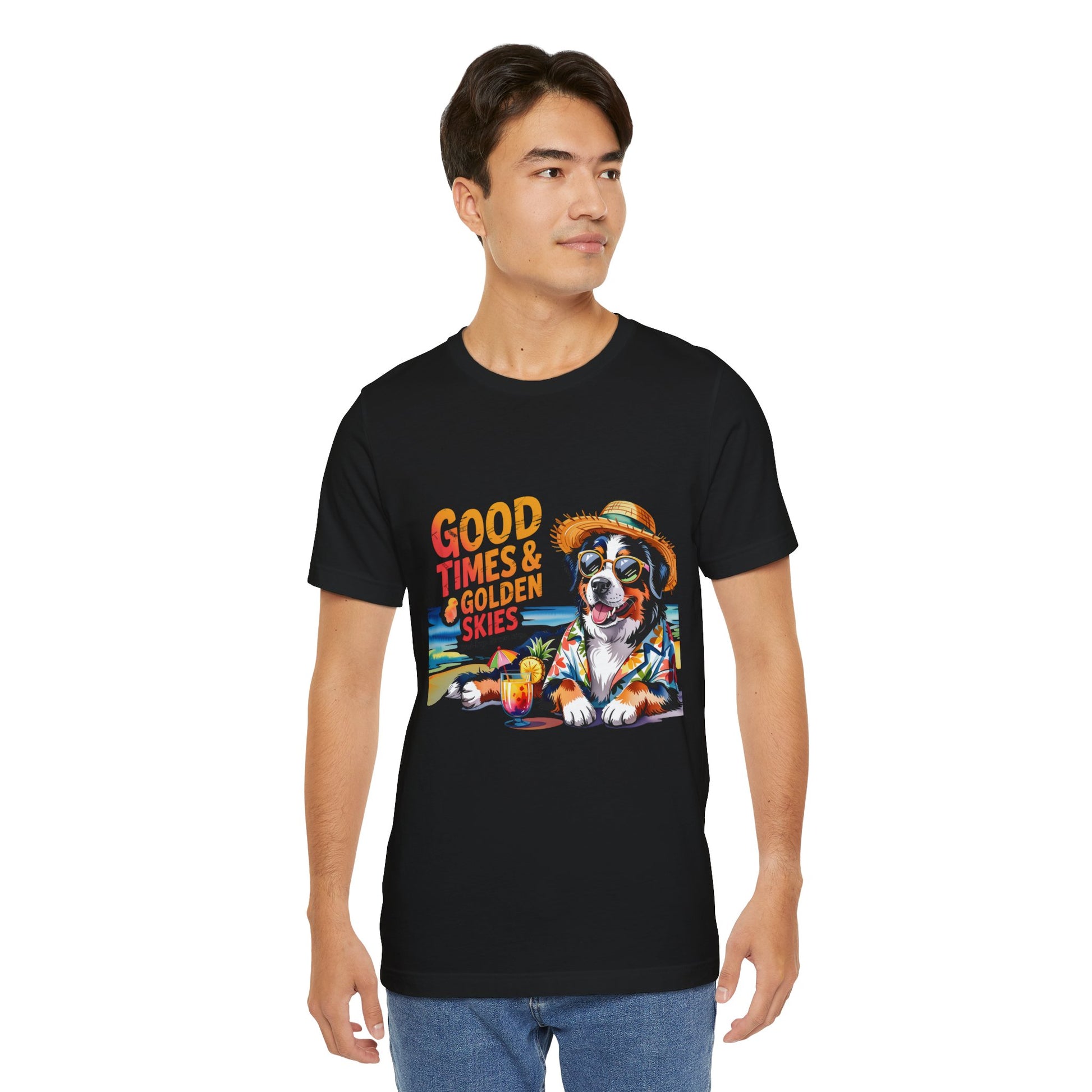Good Times & Golden Skies Beach Dog Unisex T‑Shirt by Printify