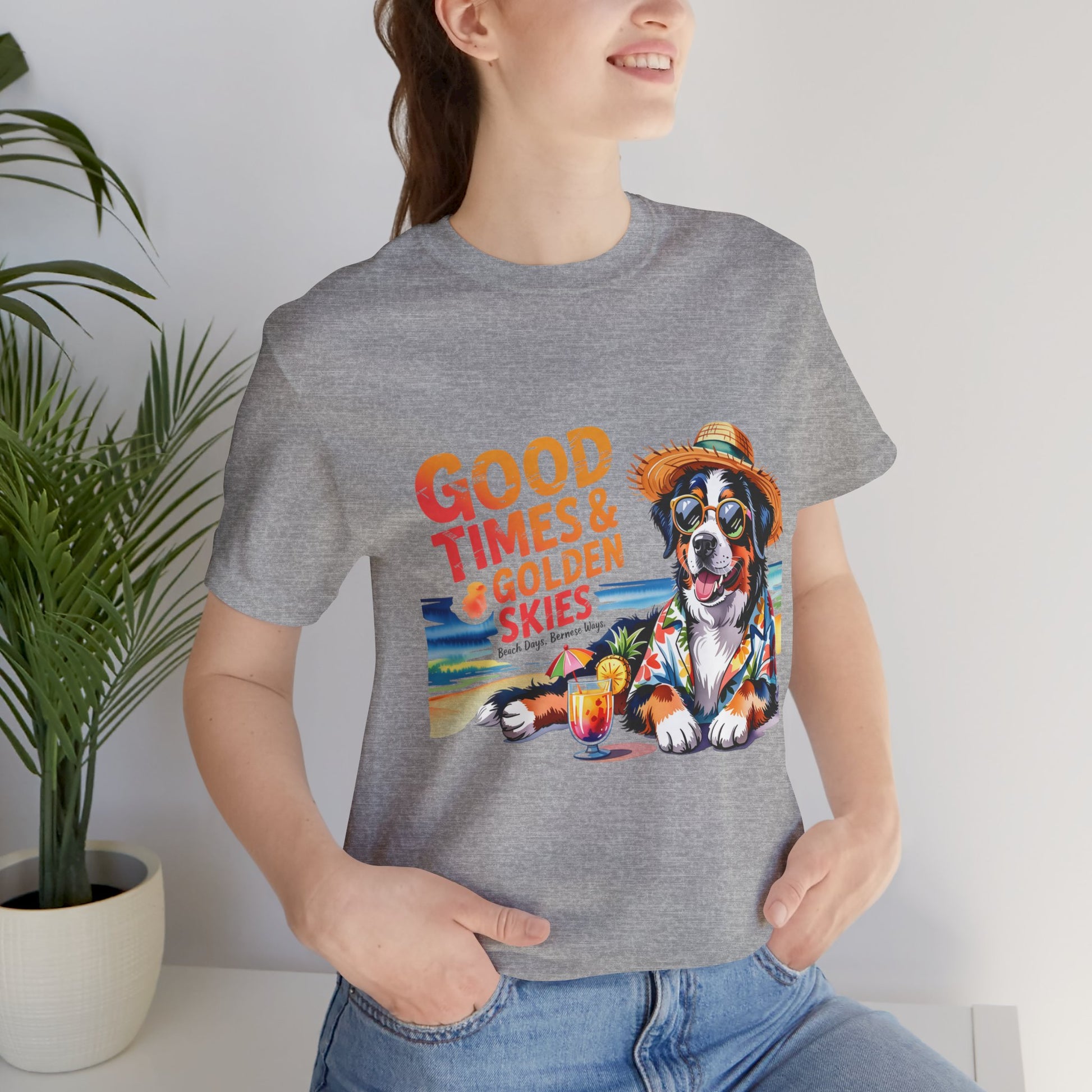 Good Times & Golden Skies Beach Dog Unisex T‑Shirt by Printify