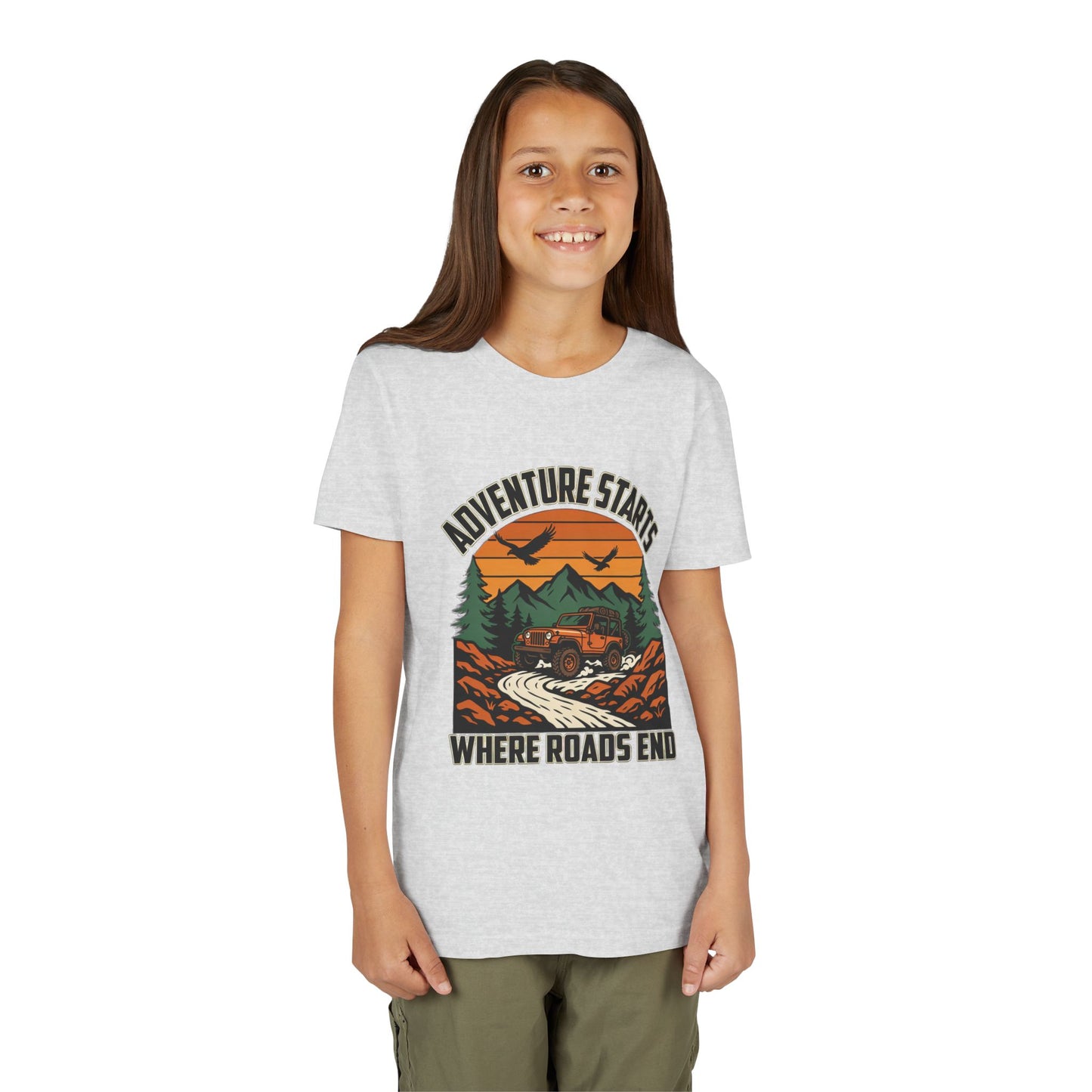 Youth Tee - Adventure Starts Where Roads End Off-Road Jeep Graphic Unisex T-Shirt by Printify