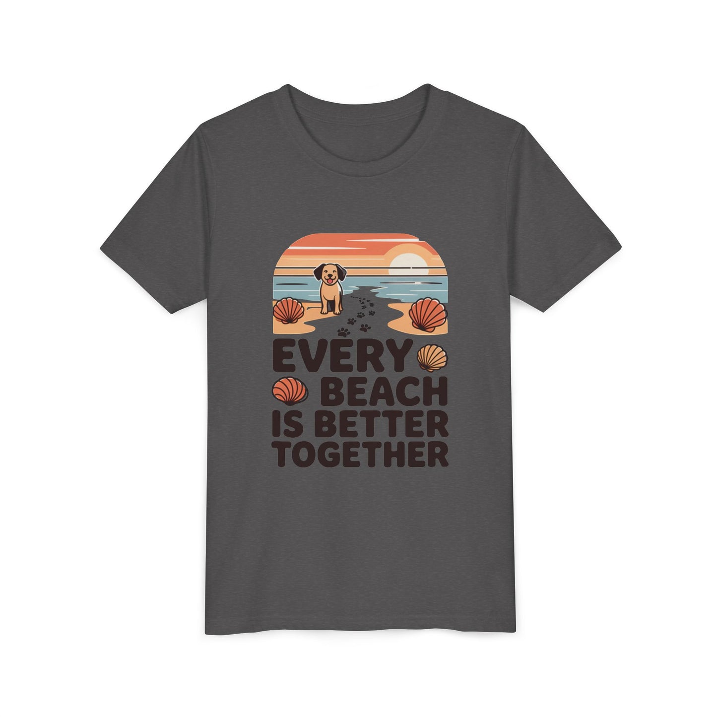 Youth Tee-“Every Beach Is Better Together” Dog Beach Graphic Unisex T-Shirt by Printify