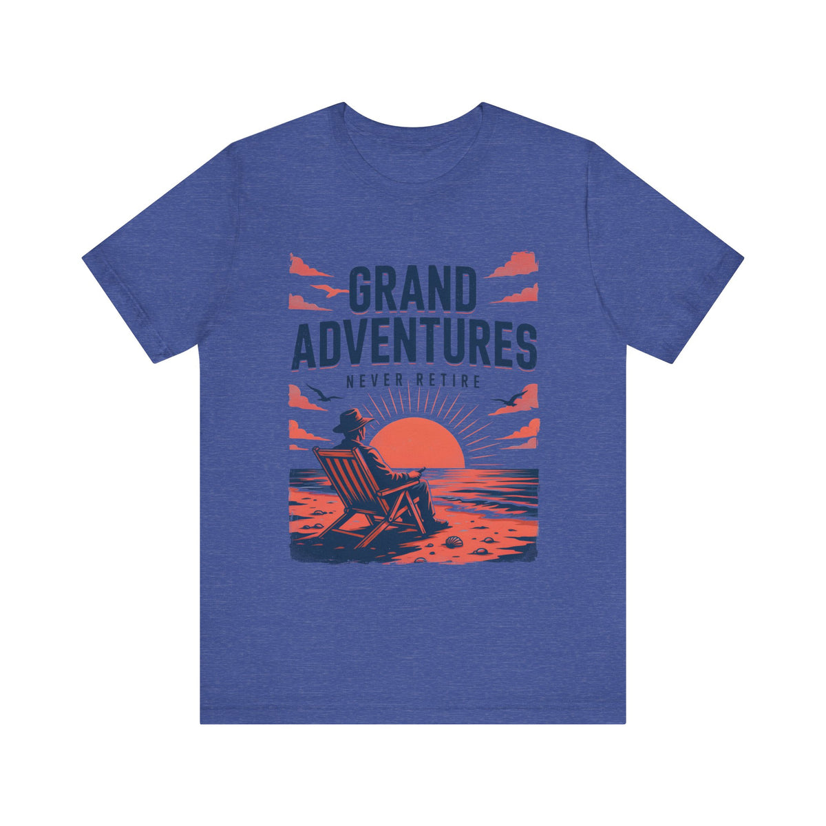 Never Retire Sunset Beach Tee-Vintage Sunset Chair & Seagulls Graphic Unisex T-Shirt by Printify