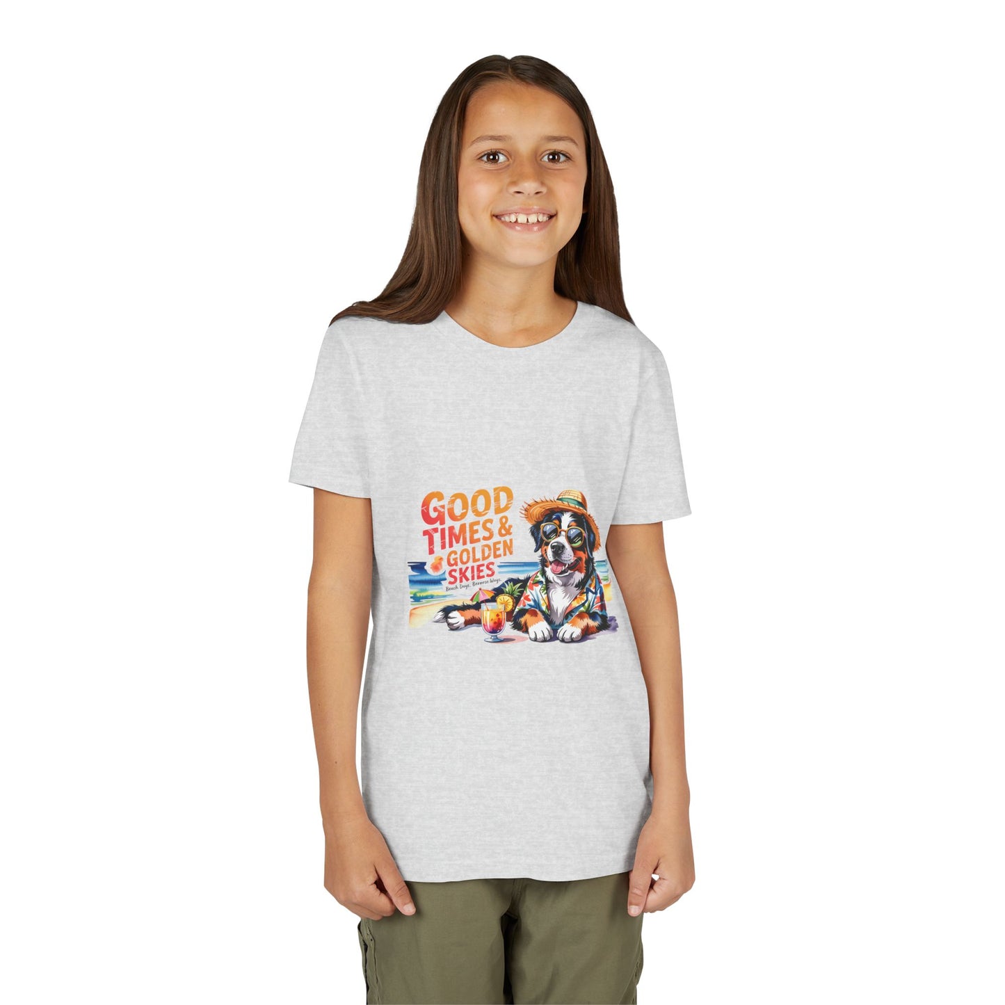 Youth Tee-'Good Times & Golden Skies' Beach Dog Graphic Unisex T-Shirt by Printify