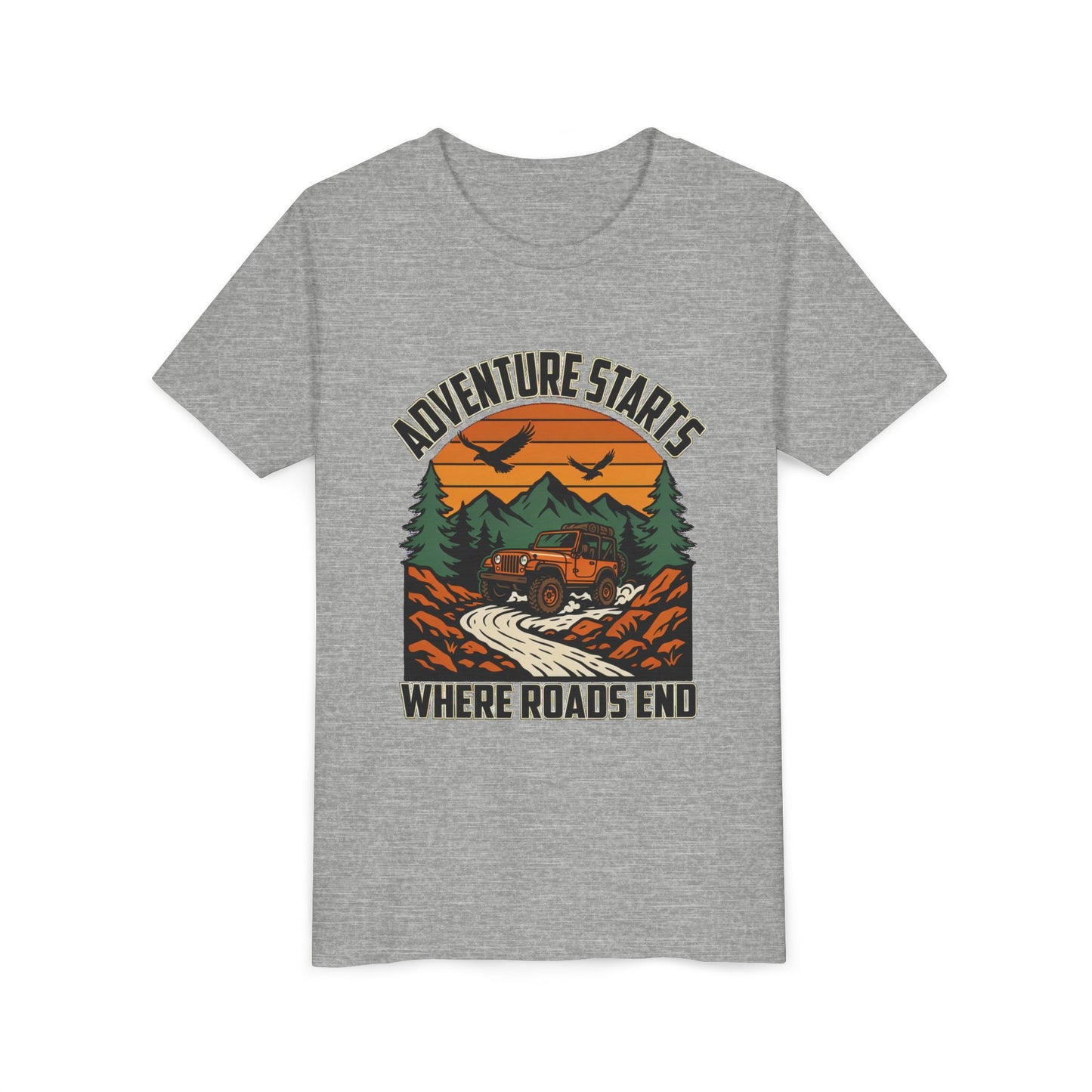 Youth Tee - Adventure Starts Where Roads End Off-Road Jeep Graphic Unisex T-Shirt by Printify