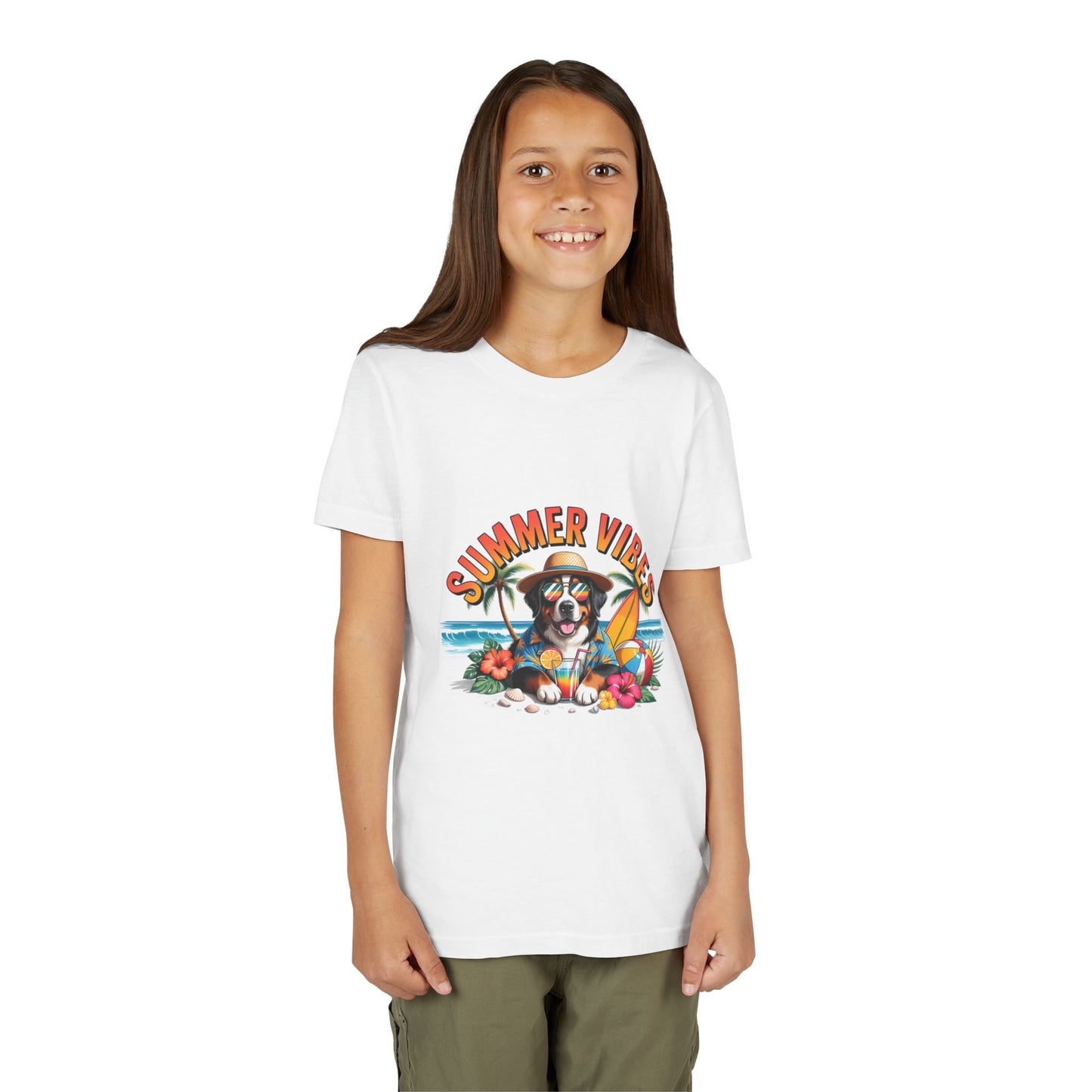 Youth Tee-"Summer Vibes" Dog Surfing Design Unisex T-Shirt by Printify