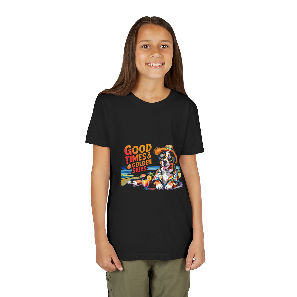 Youth Tee-'Good Times & Golden Skies' Beach Dog Graphic Unisex T-Shirt by Printify