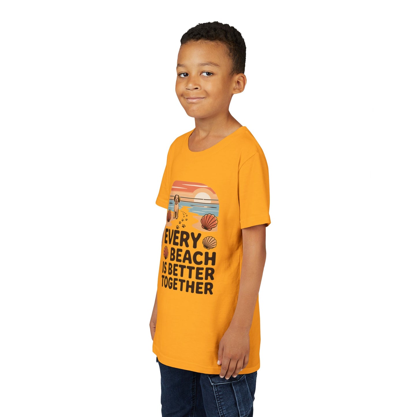 Youth Tee-“Every Beach Is Better Together” Dog Beach Graphic Unisex T-Shirt by Printify