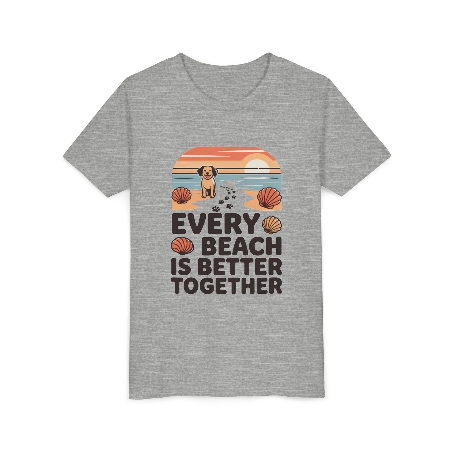 Youth Tee-“Every Beach Is Better Together” Dog Beach Graphic Unisex T-Shirt by Printify