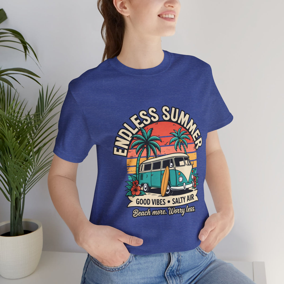 Endless Summer T‑Shirt-Vintage Surf Van "Good Vibes • Salty Air" Unisex T-Shirt by Printify