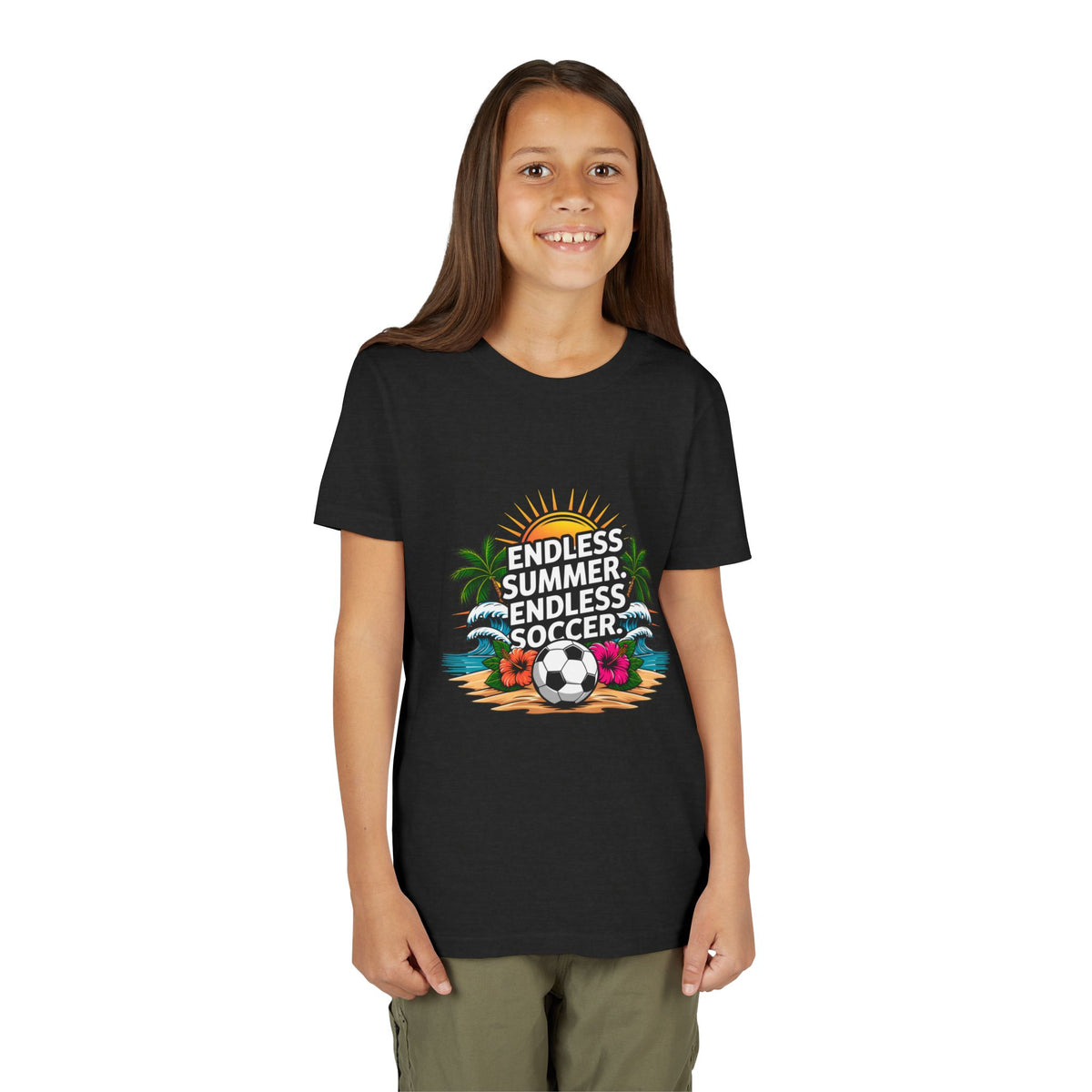 Youth Tee-"Endless Summer, Endless Soccer" Tropical Soccer Graphic Unisex T-Shirt by Printify