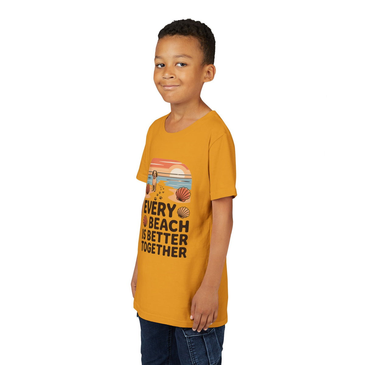Youth Tee-“Every Beach Is Better Together” Dog Beach Graphic Unisex T-Shirt by Printify