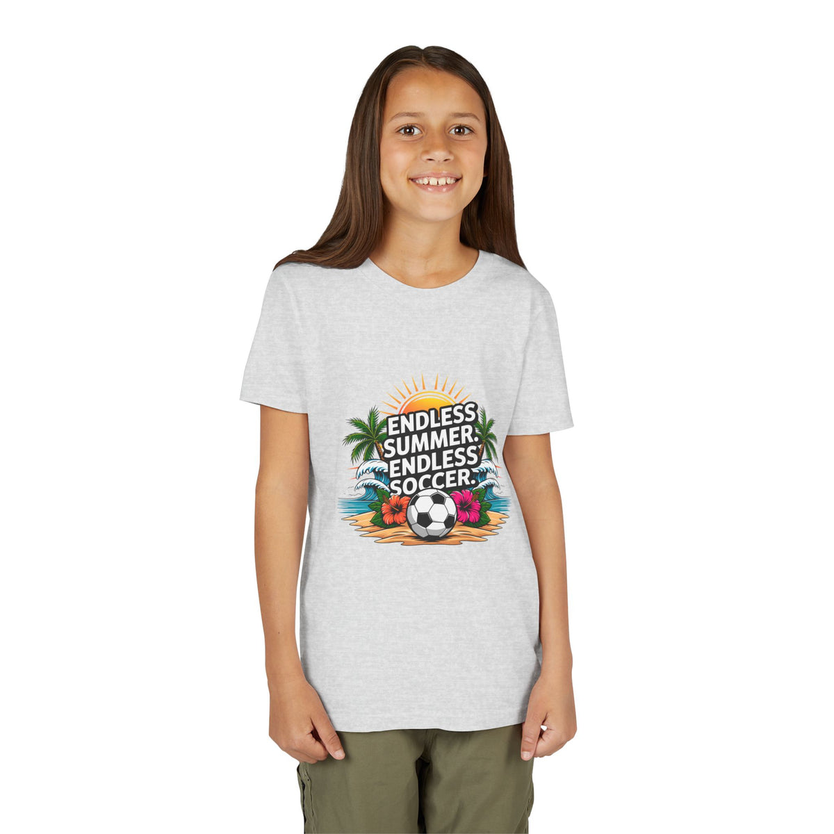 Youth Tee-"Endless Summer, Endless Soccer" Tropical Soccer Graphic Unisex T-Shirt by Printify