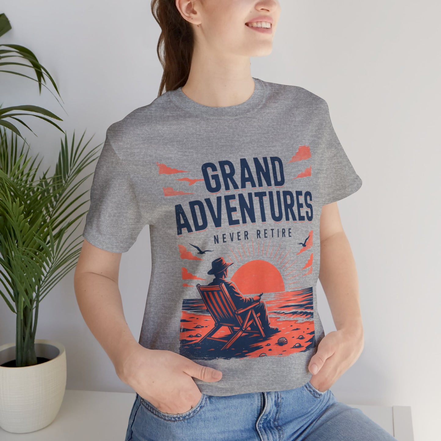 Never Retire Sunset Beach Tee-Vintage Sunset Chair & Seagulls Graphic Unisex T-Shirt by Printify