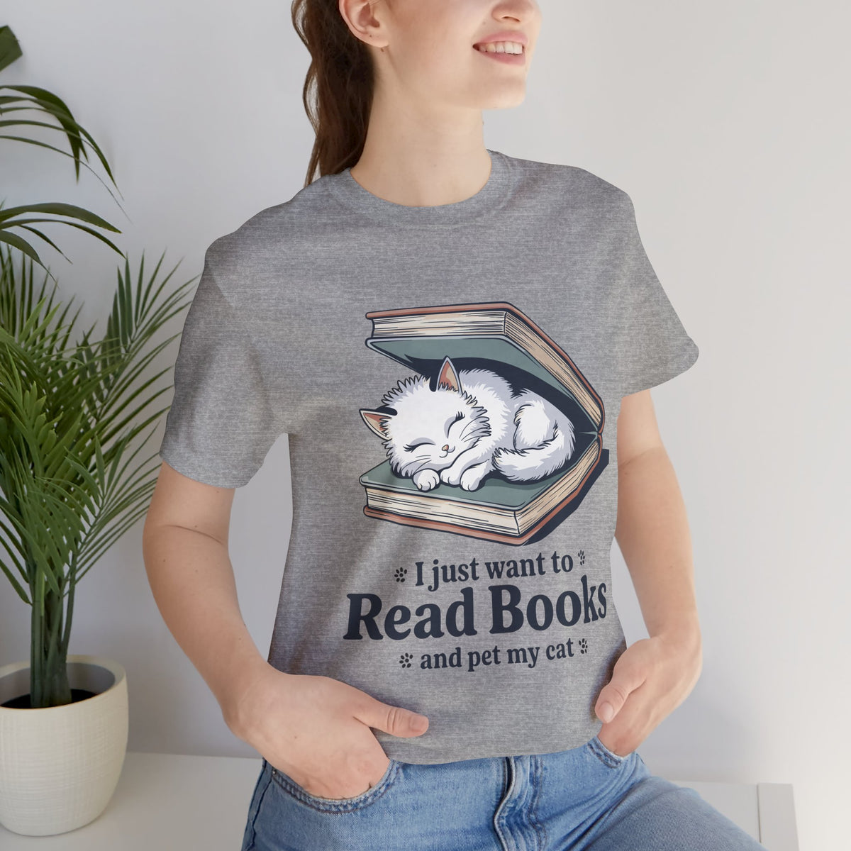 I Just Want to Read Books & Pet My Cat T-Shirt-Cute Cat Reading Tee for Book Lovers Unisex T-Shirt by Printify
