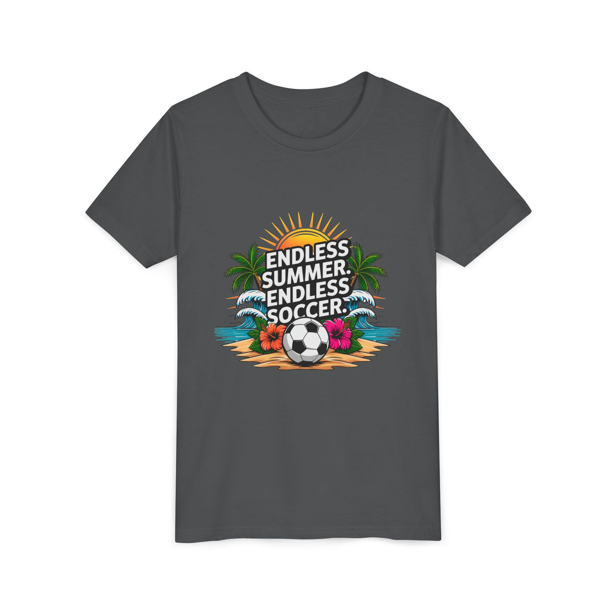 Youth Tee-"Endless Summer, Endless Soccer" Tropical Soccer Graphic Unisex T-Shirt by Printify