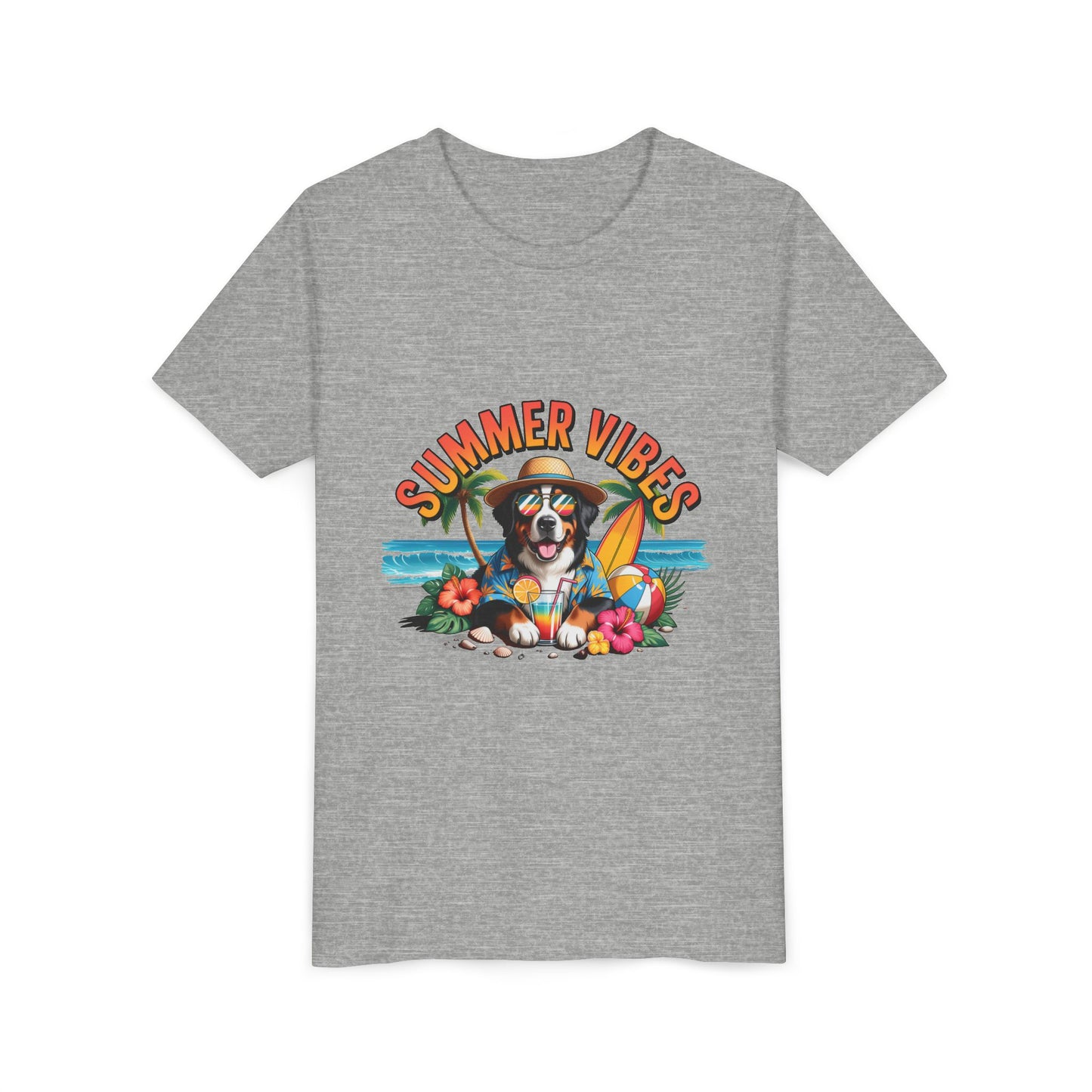 Youth Tee-"Summer Vibes" Dog Surfing Design Unisex T-Shirt by Printify