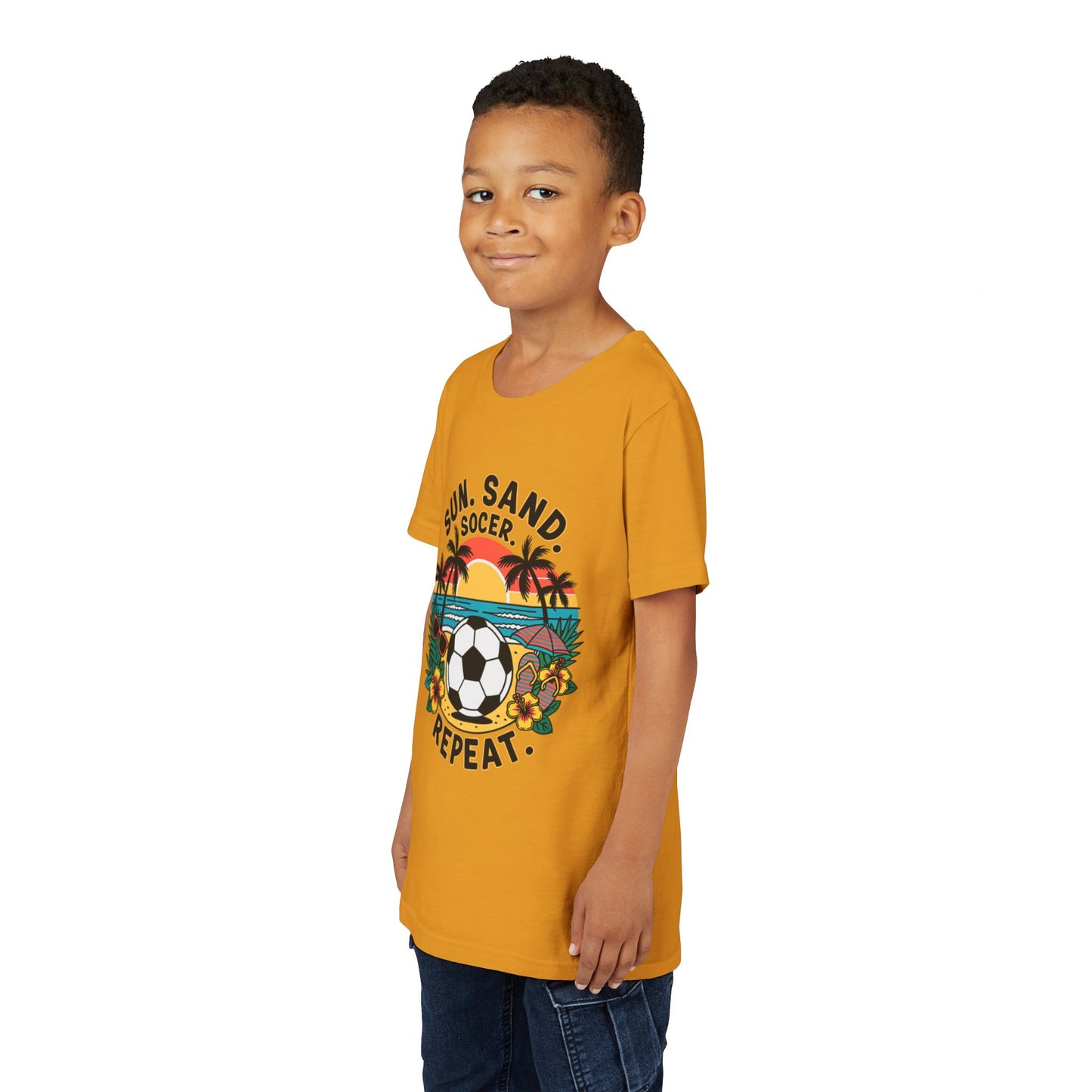 Youth Tee-Sun, Sand, Soccer, Repeat (Beach Soccer Graphic) Unisex T-Shirt by Printify