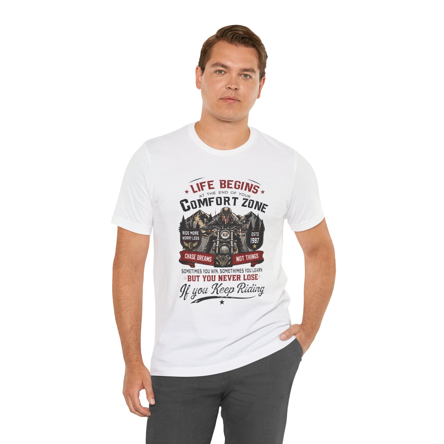 Motorcycle Rider Tee — "Life Begins at the End of Your Comfort Zone" Inspirational Biker Unisex T-Shirt by Printify