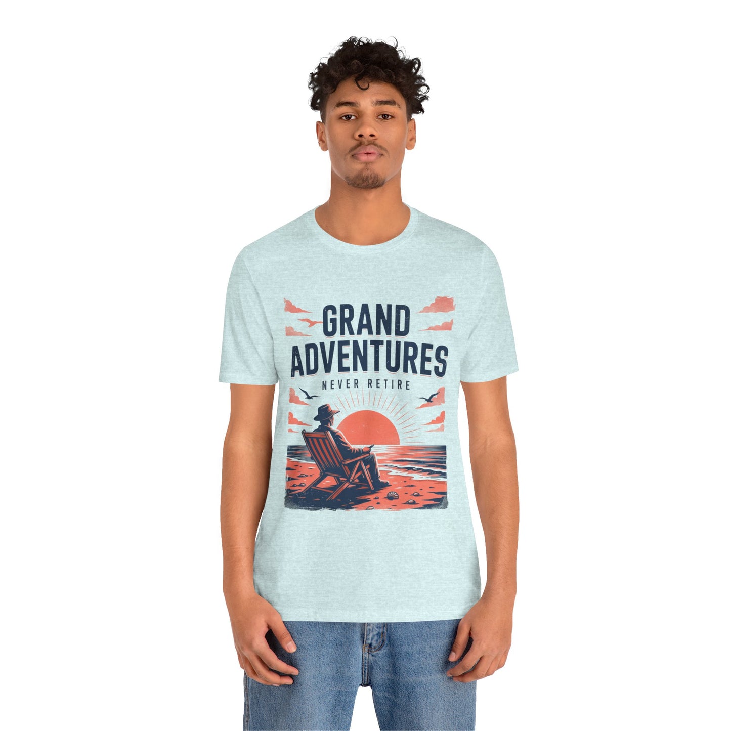 Grand Adventures Sunset Tee-"Never Retire" Beach Vacation Unisex T‑Shirt by Printify