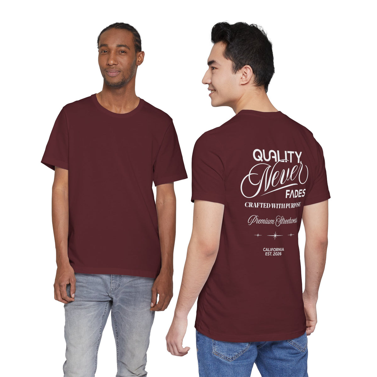 Quality Never Fades T-Shirt-Vintage Script Back Print, Premium Streetwear Unisex T-Shirt by Printify