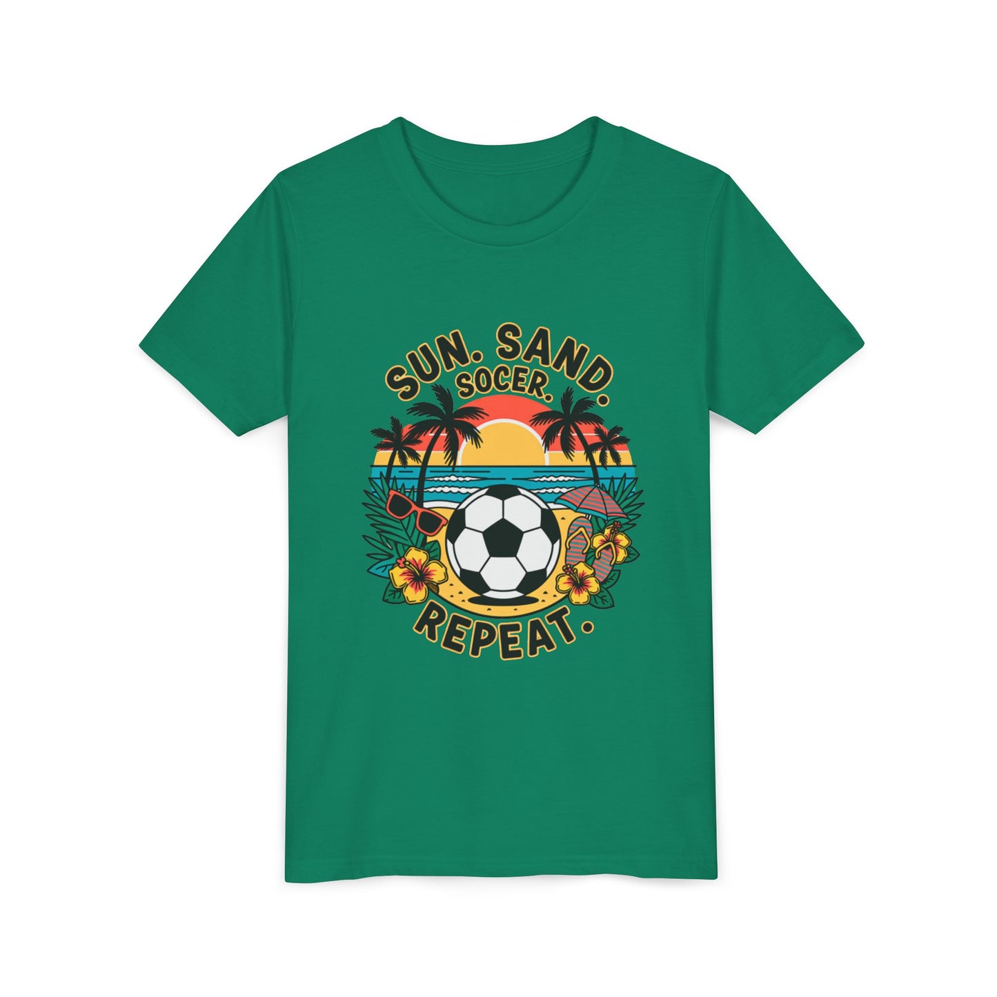 Youth Tee-Sun, Sand, Soccer, Repeat (Beach Soccer Graphic) Unisex T-Shirt by Printify