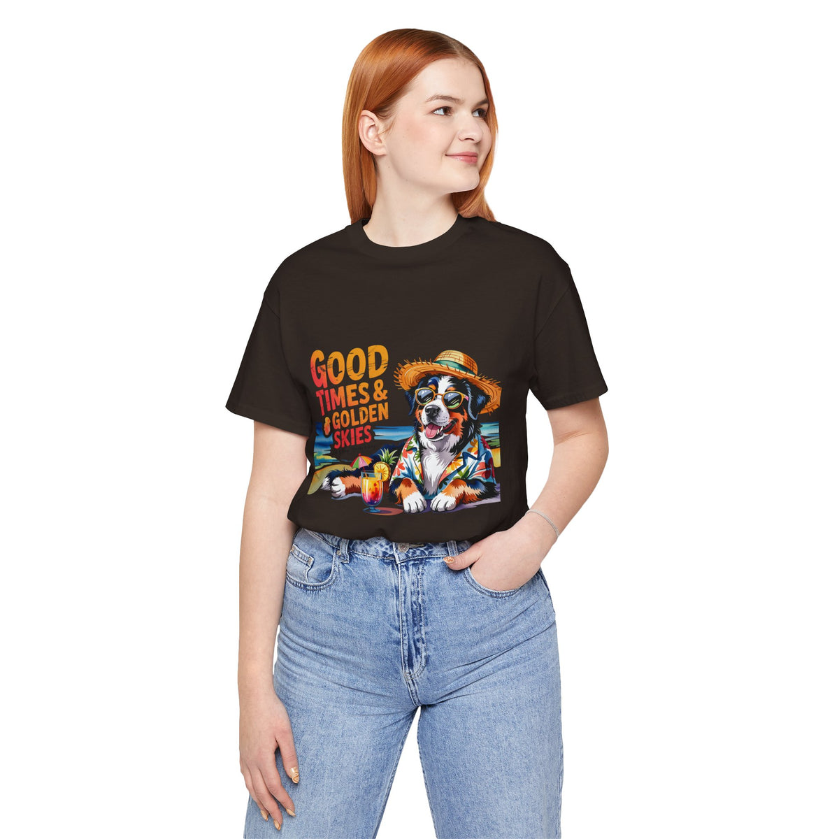 Good Times & Golden Skies Beach Dog Unisex T‑Shirt by Printify