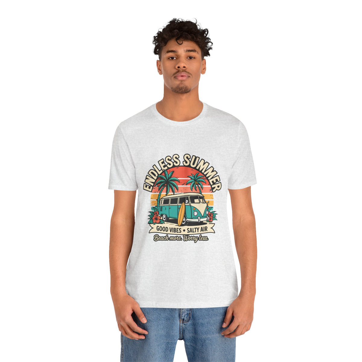 Endless Summer T‑Shirt-Vintage Surf Van "Good Vibes • Salty Air" Unisex T-Shirt by Printify