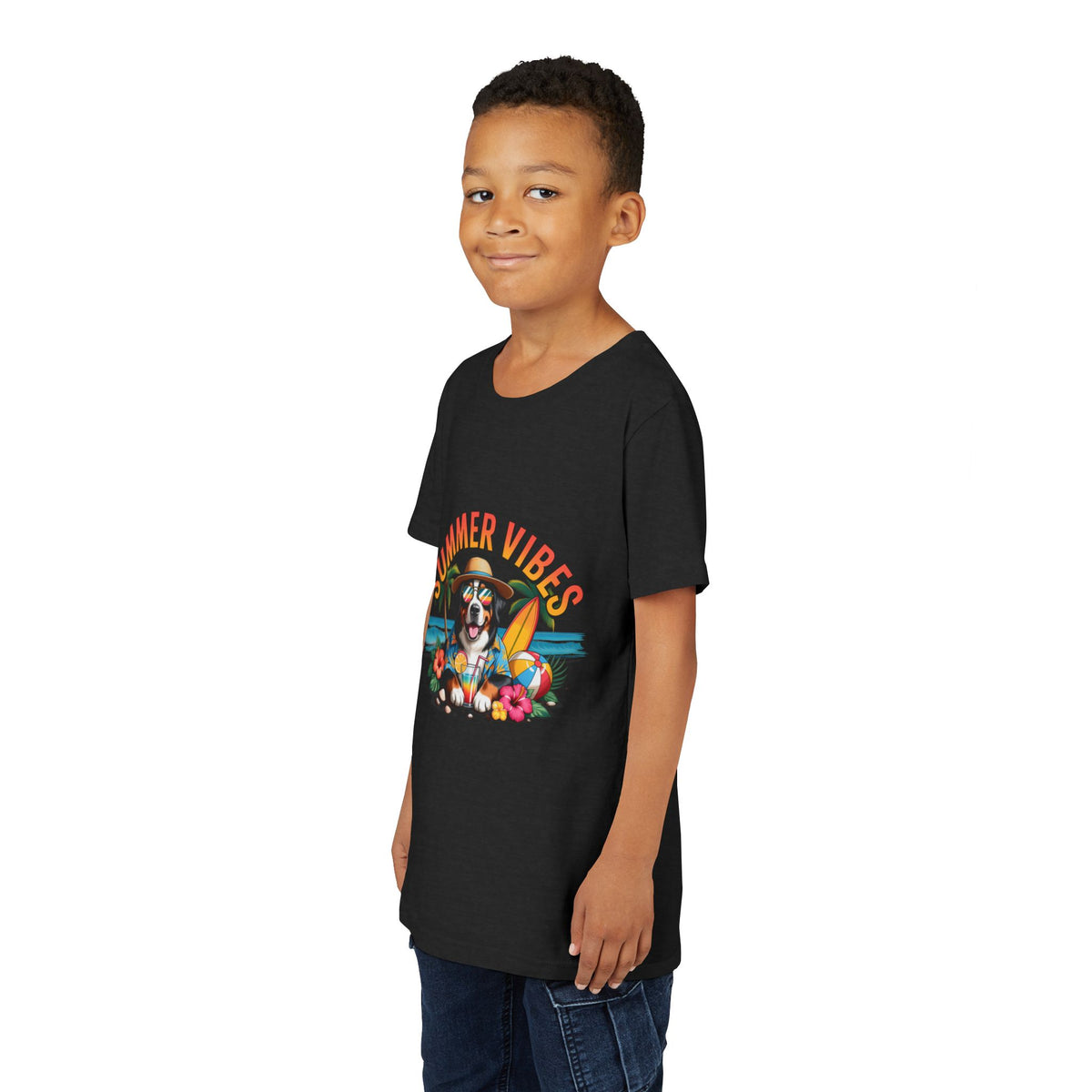 Youth Tee-"Summer Vibes" Dog Surfing Design Unisex T-Shirt by Printify