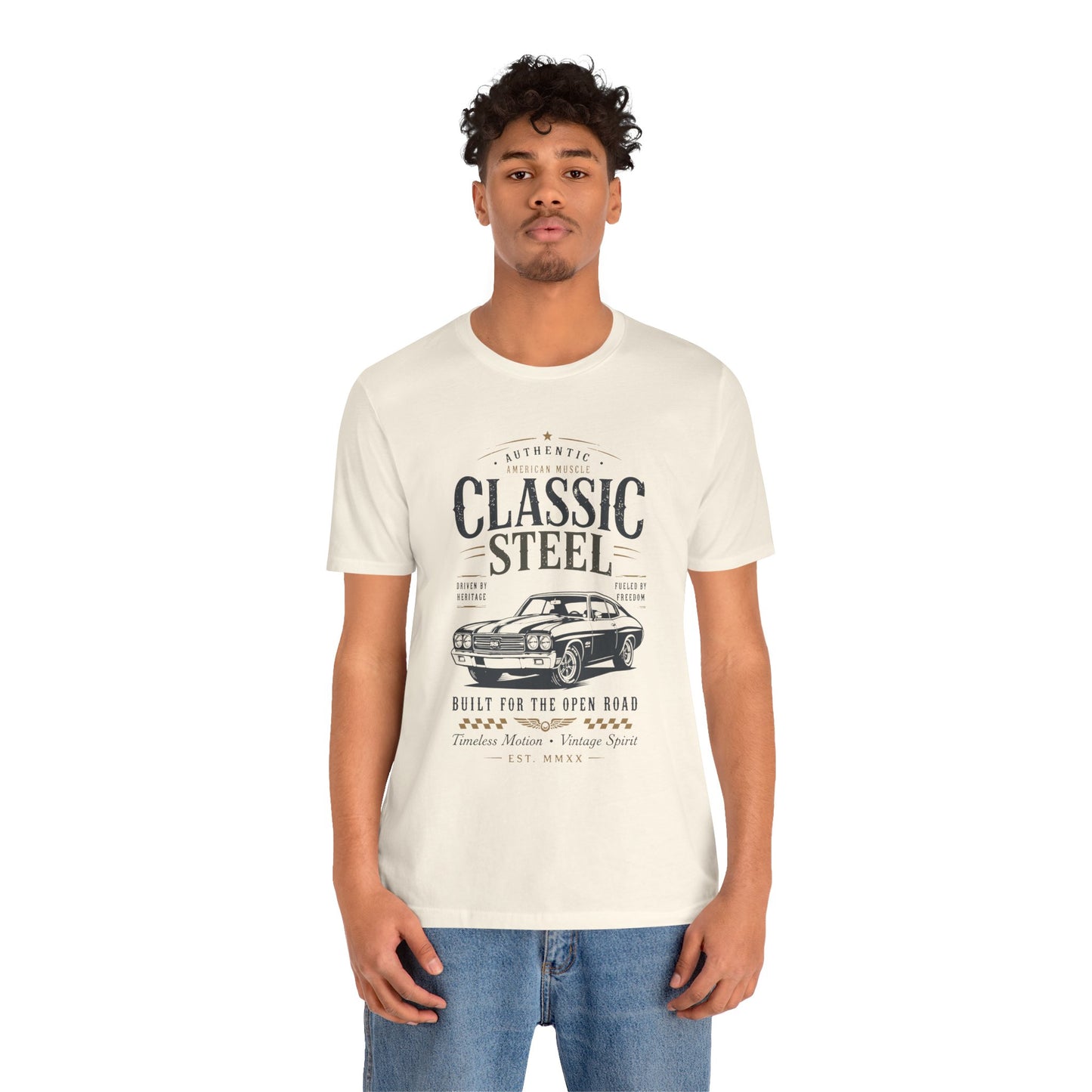 Classic Steel Vintage Car Tee-Built for the Open Road T-Shirt by Printify