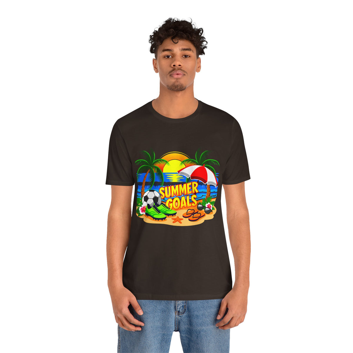 Summer Goals Beach Tee-Tropical Soccer & Sunshine Graphic Unisex T-Shirt by Printify