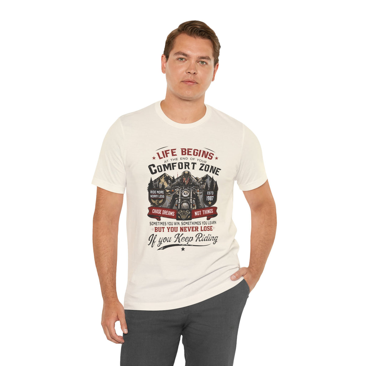 Motorcycle Rider Tee — "Life Begins at the End of Your Comfort Zone" Inspirational Biker Unisex T-Shirt by Printify